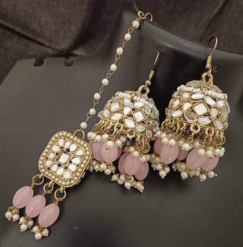 Pink pearls mirror earrings tikka set 2