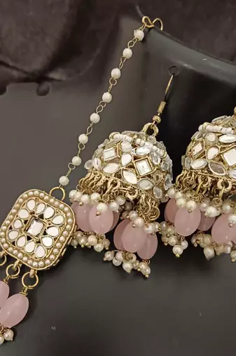 Pink pearls mirror earrings tikka set