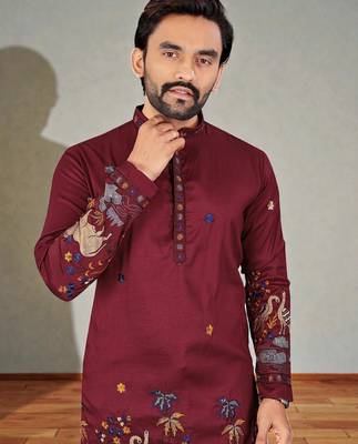  red embroidered  men's silk kurta  2