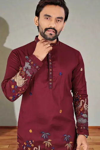  red embroidered  men's silk kurta 