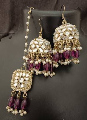 Wine pearls mirror earrings tikka set 1