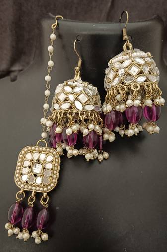 Wine pearls mirror earrings tikka set