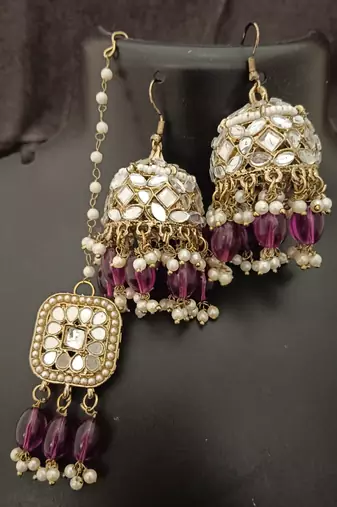 Wine pearls mirror earrings tikka set