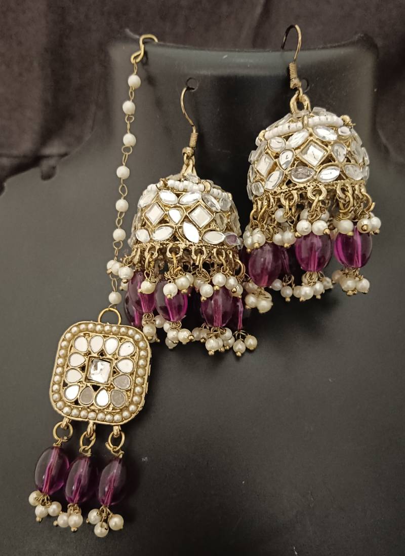 Wine pearls mirror earrings tikka set