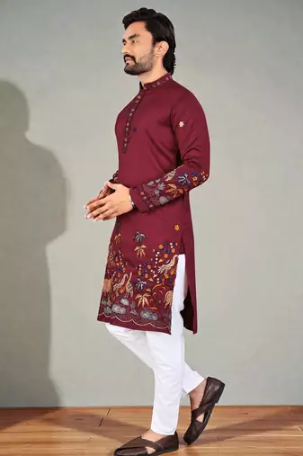  red embroidered  men's silk kurta 