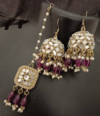 Wine pearls mirror earrings tikka set 2