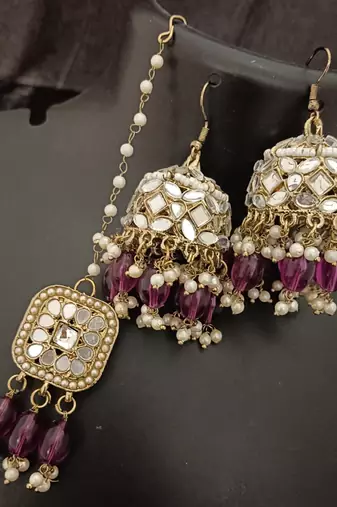 Wine pearls mirror earrings tikka set