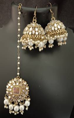 White pearls mirror earrings tikka set 1