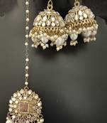 White pearls mirror earrings tikka set