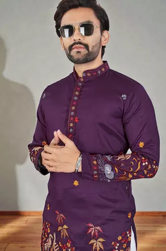  wine embroidered  men's silk kurta 
