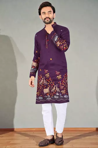  wine embroidered  men's silk kurta 
