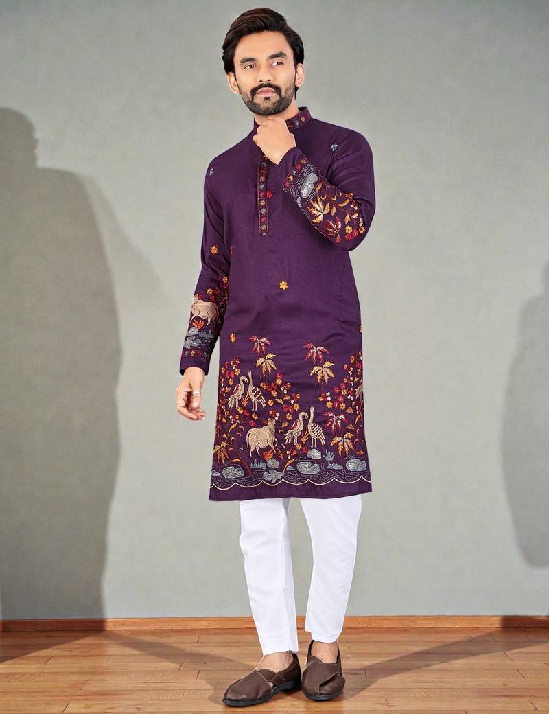  wine embroidered  men's silk kurta 
