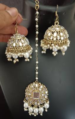 White pearls mirror earrings tikka set 2
