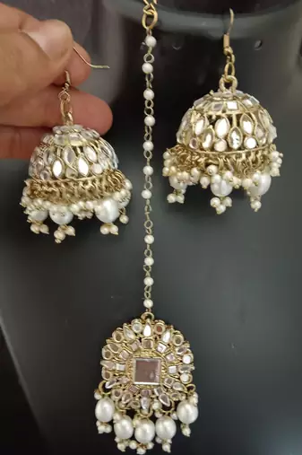 White pearls mirror earrings tikka set