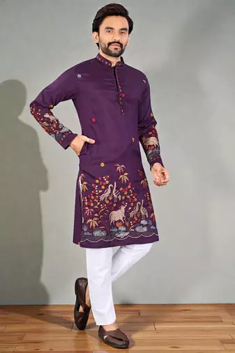  wine embroidered  men's silk kurta 