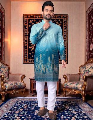  crochet embroidered  men's rayon kurta - blue 1