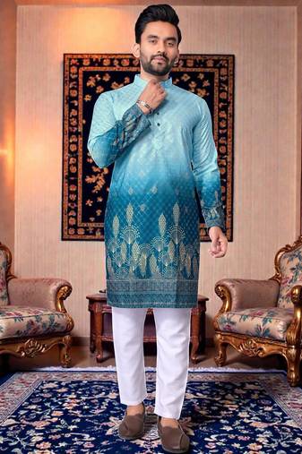  crochet embroidered  men's rayon kurta - blue