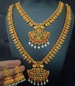 Matt finish pink green south indian bridal jewellery set
