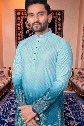  crochet embroidered  men's rayon kurta - blue