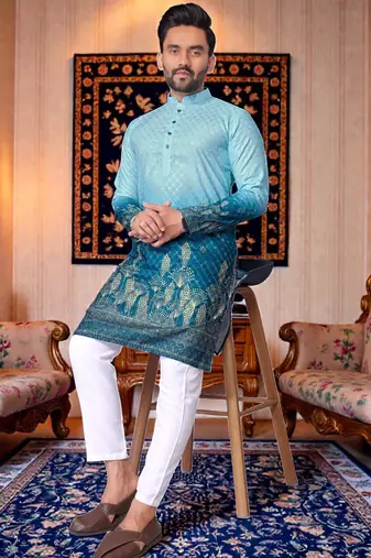  crochet embroidered  men's rayon kurta - blue
