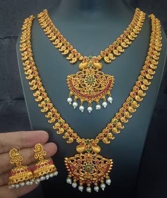 Matt finish pink green south indian bridal jewellery set 2