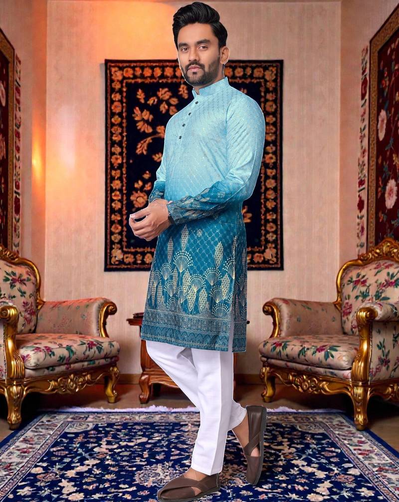  crochet embroidered  men's rayon kurta - blue
