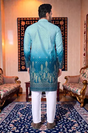  crochet embroidered  men's rayon kurta - blue