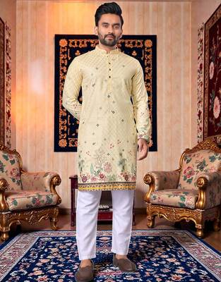  crochet embroidered  men's rayon kurta - cream 1
