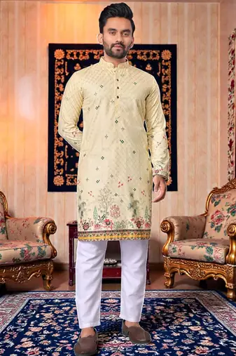  crochet embroidered  men's rayon kurta - cream
