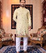  crochet embroidered  men's rayon kurta - cream