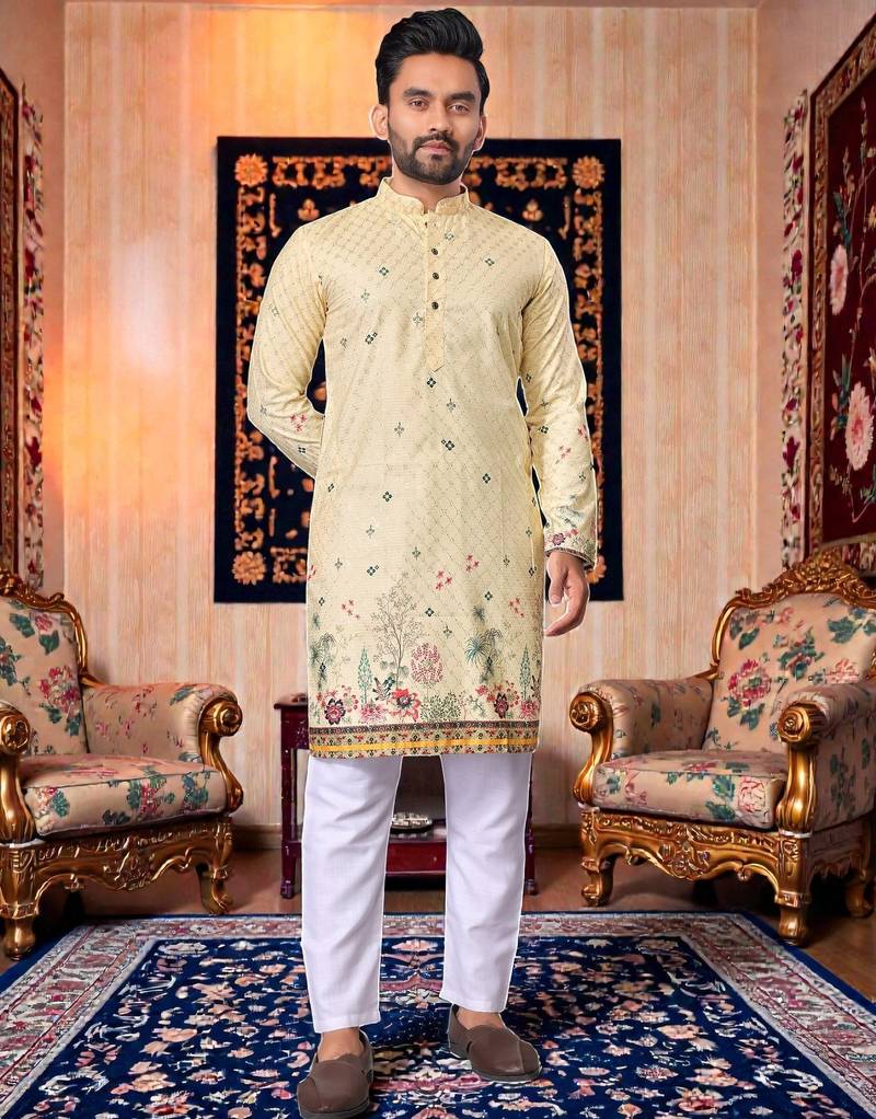  crochet embroidered  men's rayon kurta - cream