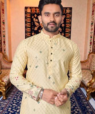  crochet embroidered  men's rayon kurta - cream 2