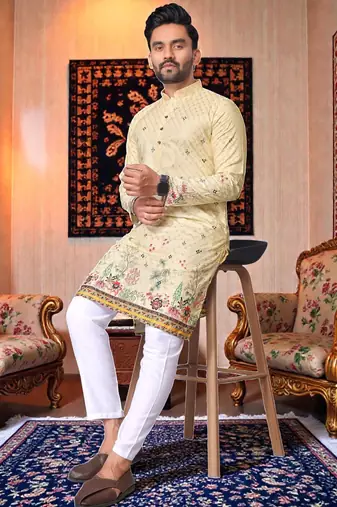  crochet embroidered  men's rayon kurta - cream