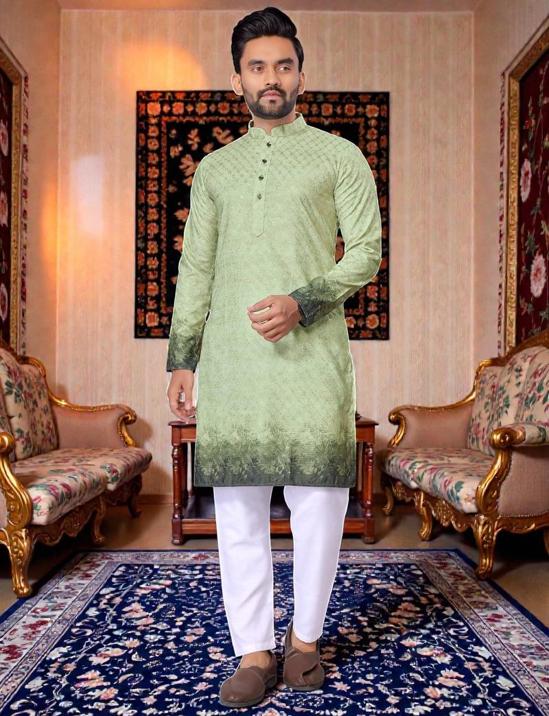  crochet embroidered  men's rayon kurta - green