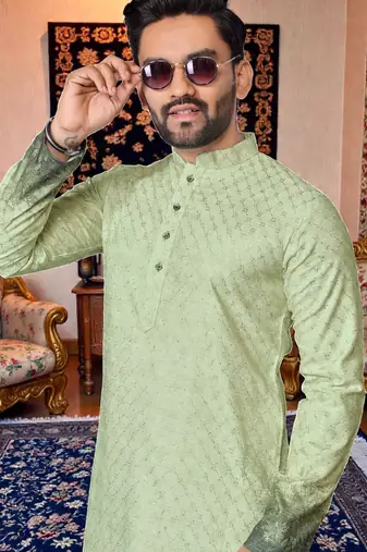  crochet embroidered  men's rayon kurta - green