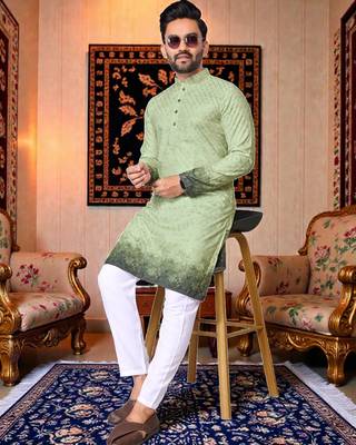  crochet embroidered  men's rayon kurta - green 3