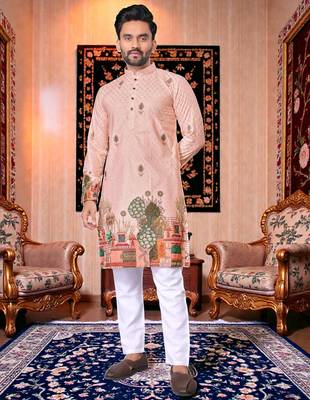  crochet embroidered  men's rayon kurta - pink 1