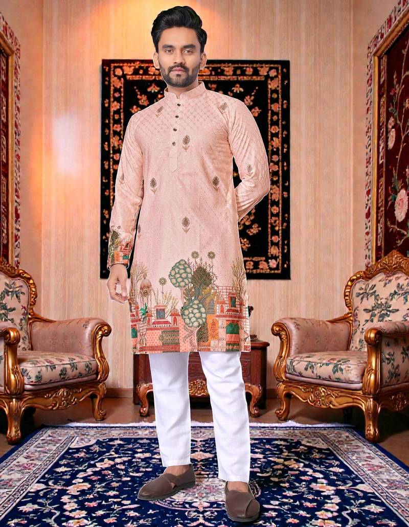  crochet embroidered  men's rayon kurta - pink