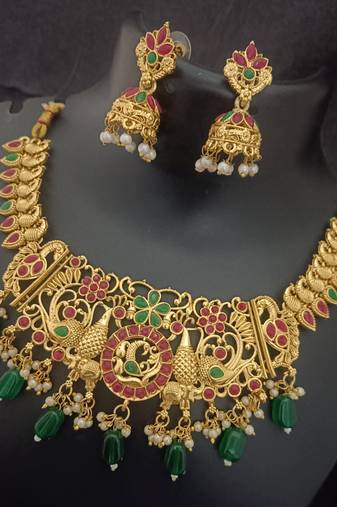 Gold plated pink green south jewellery set