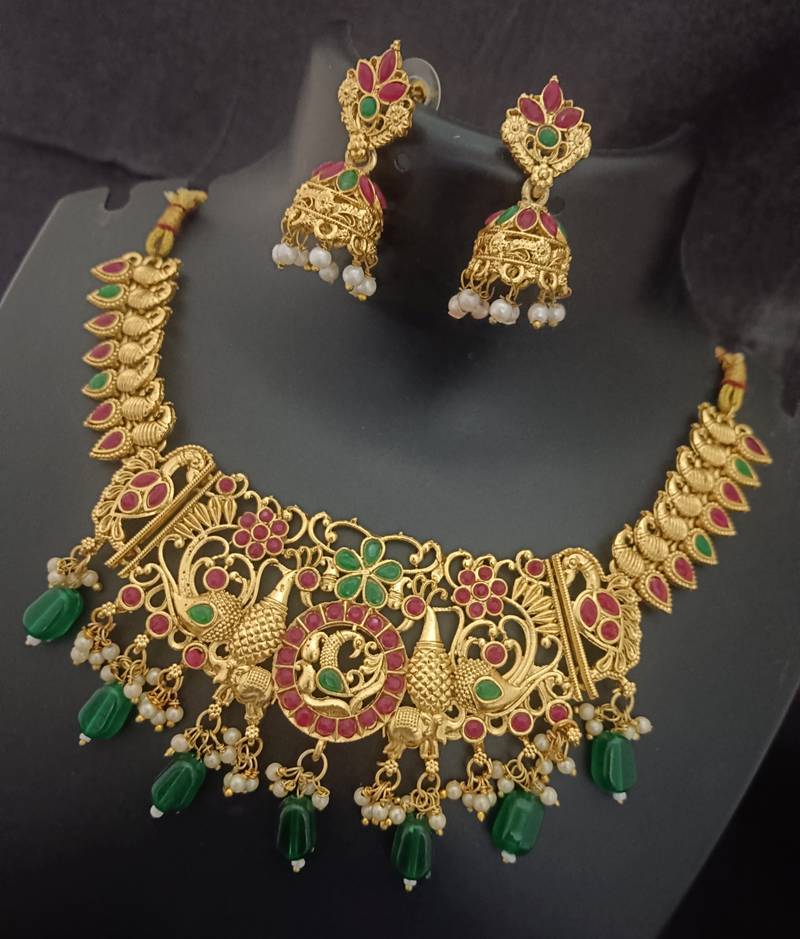 Gold plated pink green south jewellery set