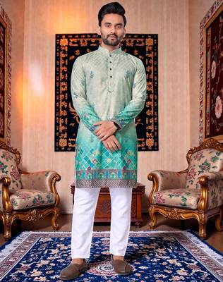  crochet embroidered  men's rayon kurta -  1