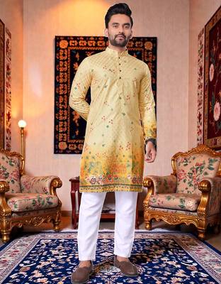  crochet embroidered  men's rayon kurta - yellow 1