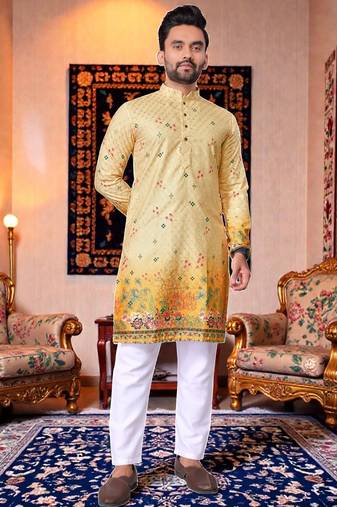  crochet embroidered  men's rayon kurta - yellow