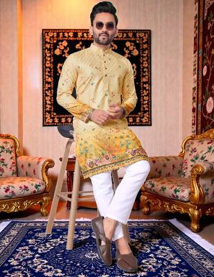  crochet embroidered  men's rayon kurta - yellow 3