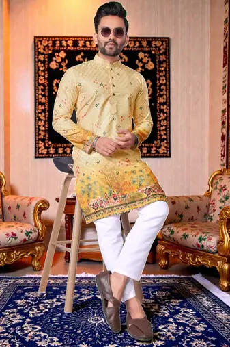  crochet embroidered  men's rayon kurta - yellow