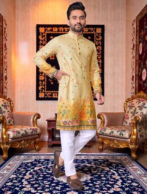  crochet embroidered  men's rayon kurta - yellow 4