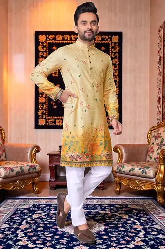  crochet embroidered  men's rayon kurta - yellow