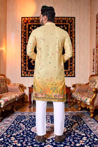  crochet embroidered  men's rayon kurta - yellow