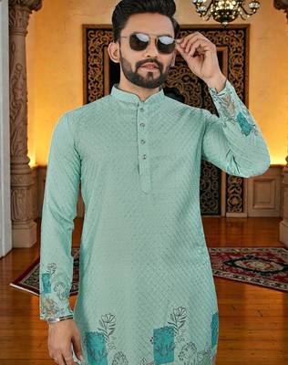  blue crochet embroidered  men's rayon kurta  2