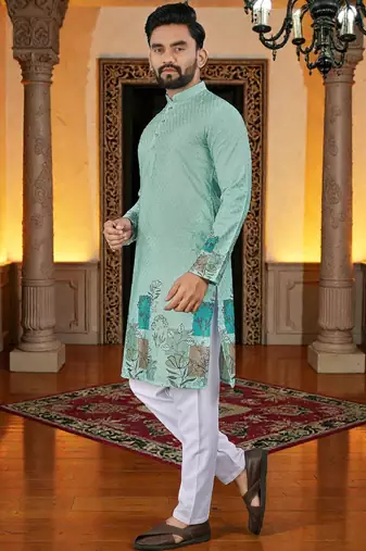  blue crochet embroidered  men's rayon kurta 